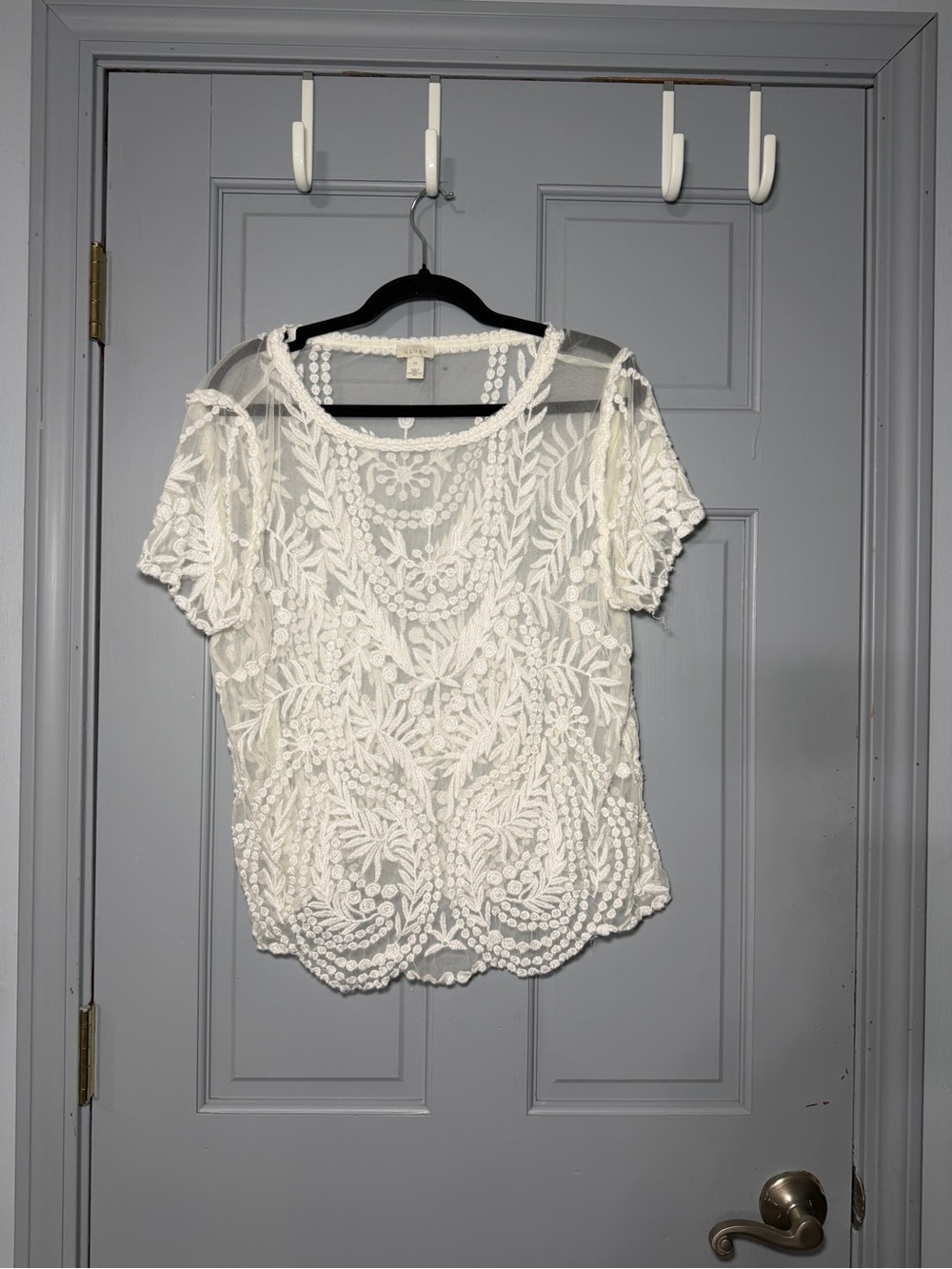 hinge White Sheer Embroidered Short Sleeve Top